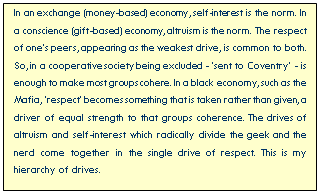 Text Box: In an exchange (money-based) economy, self-interest is the norm. In a conscience (gift-based) economy, altruism is the norm. The respect of ones peers, appearing as the weakest drive, is common to both. So, in a cooperative society being excluded - sent to Coventry - is enough to make most groups cohere. In a black economy, such as the Mafia, respect becomes something that is taken rather than given, a driver of equal strength to that groups coherence. The drives of altruism and self-interest which radically divide the geek and the nerd come together in the single drive of respect. This is my hierarchy of drives.

